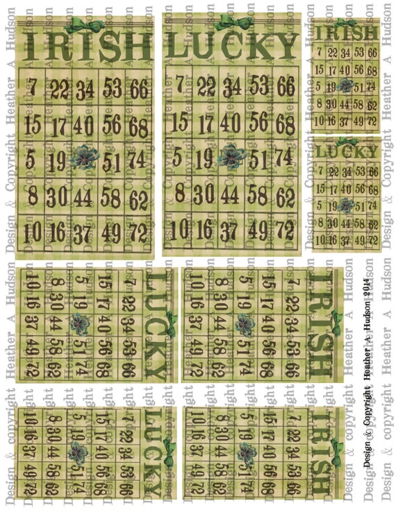 Victorian Vintage Lucky Irish Chic Green St. Patrick's Day Bingo Card  Digital Collage sheet Printable