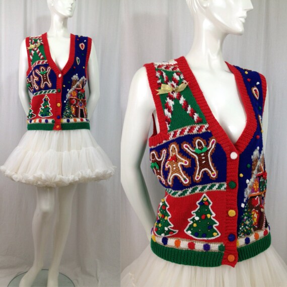 Vintage ugly Christmas sweater 1980s Vest Gingerbread House