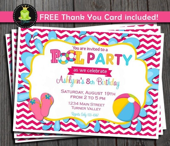 Pool Party Invitation - FREE Thank You Card included Il_570xn