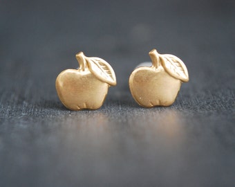 Apple Earrings, Golden Apple Stud Earrings, Fruit earrings