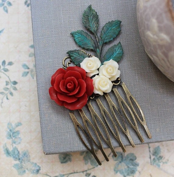 Bridal Hair Comb Deep Red Rose Hair Comb Flower Hair Comb