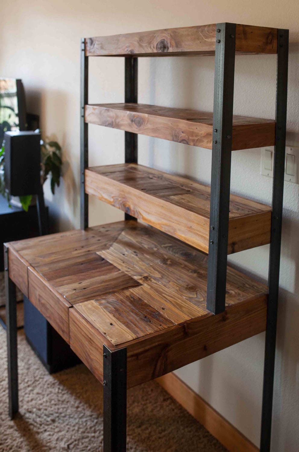 Multi Tiered Pallet Wood Desk with Drawer and Shelves