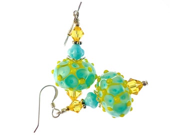 Lampwork Earrings, Turquoise Yellow Earrings, Glass Bead Earrings, Beadwork Earrings, Glass Bead Jewelry, Lampwork Jewelry