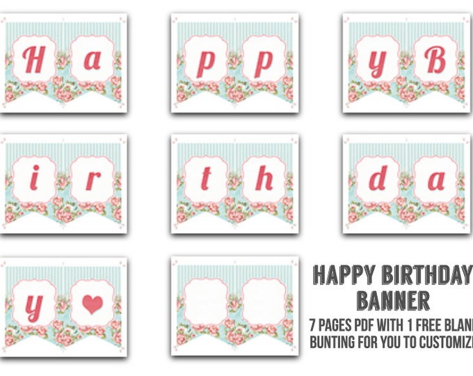 Shabby Chic Tea Party - Happy Birthday Banner - Print your own - Instant Download