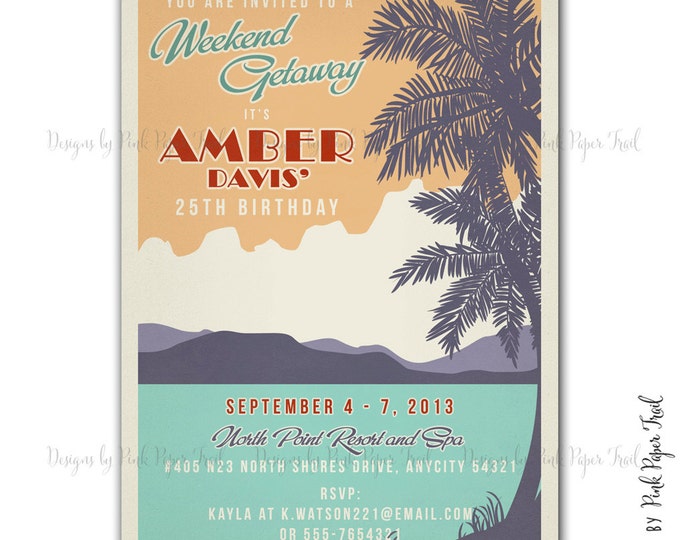 Retro Vintage Weekend Getaway Beach Party Invitation v.1 - Customizable wordings - printable DIY invitation