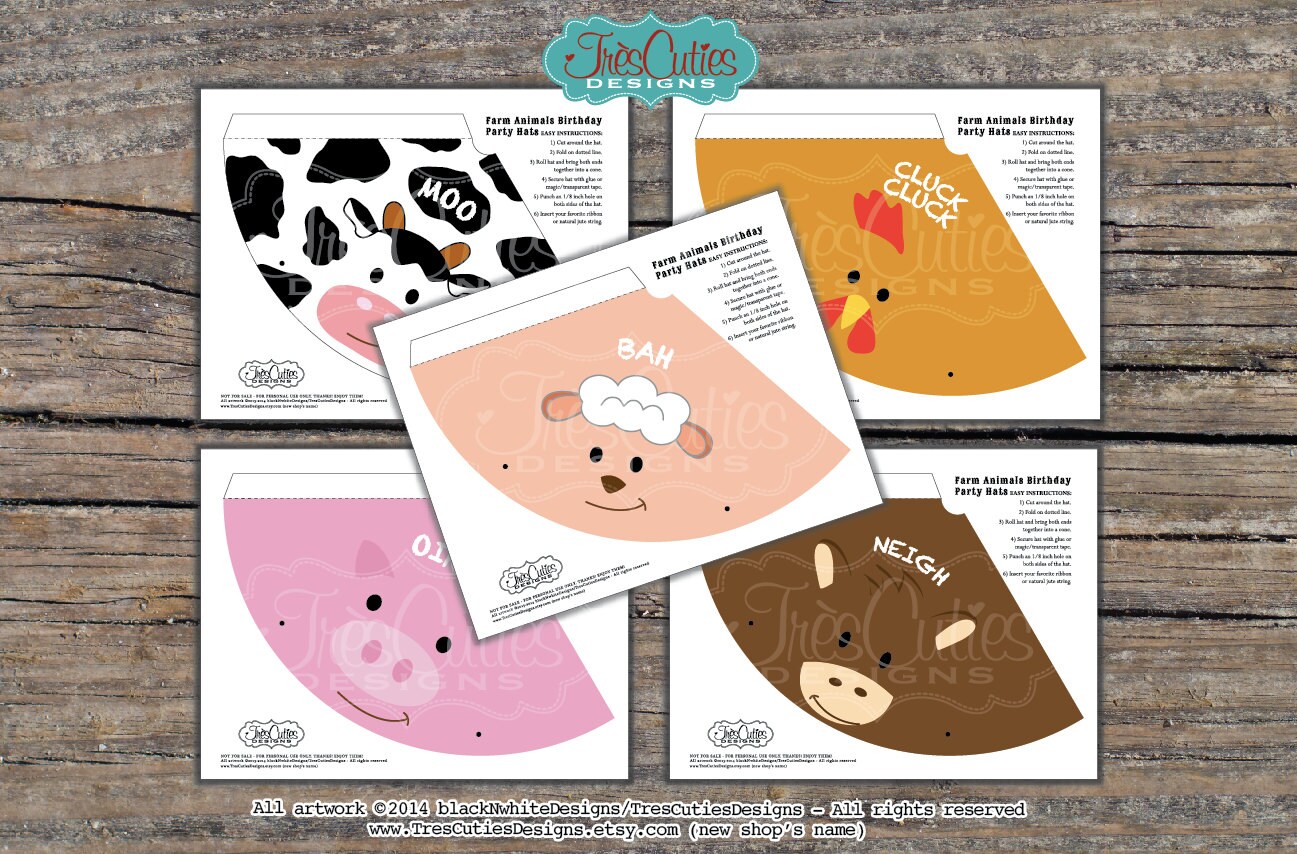 Printable Birthday Party Hat Farm Animals by TresCutiesDesigns