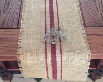 Burlap Table Runner Rustic 10-14 by 48 or 60 Merlot Striped Farmhouse Tablerunner by sweetjanesplan