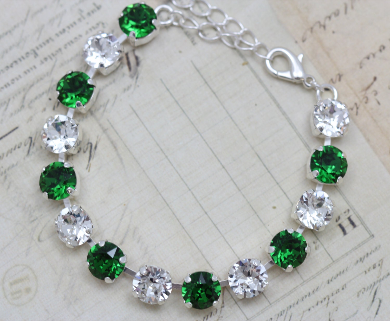 Green Bracelet Dark Green Moss Swarovski Crystals Silver