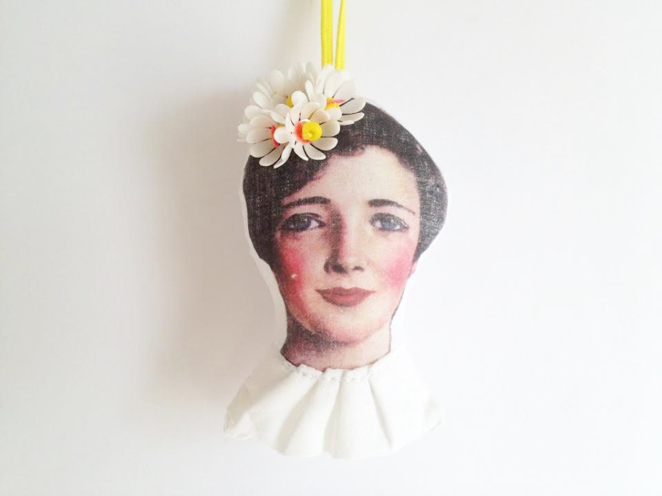 Christmas Beaded ornament Doll head ,Vintage plastic flowers and yellow and pink beads crown ,white collar - handmade ornament