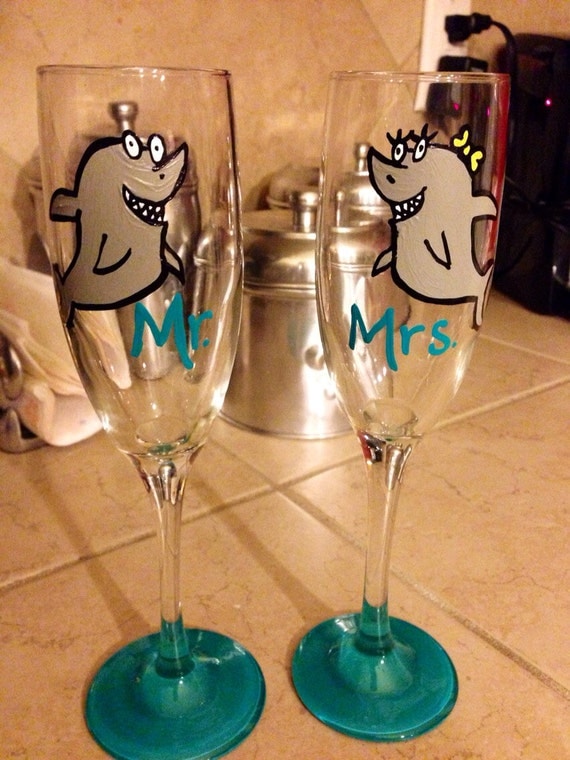 Mr. And Mrs. Shark wedding flutes bridal shower flutes toasting flutes