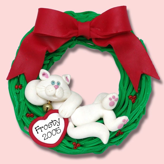 White Christmas KITTY CAT Laying in Wreath HANDMADE Polymer Clay Personalized Christmas Ornament