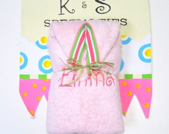 Light Pink Cozy Hooded Towel With A Girly Pink Green White Stripe Ribbon/Swirl Font/ Gift:Birthday,Shower,Christmas,WeddingParty,Fun Unique