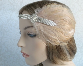 1920 Headband, Speakeasy Beaded Headpiece, Silver Headband, 20s Headpiece for Flapper Dress, Great Gatsby headpiece, Beige Bridal Hair Piece