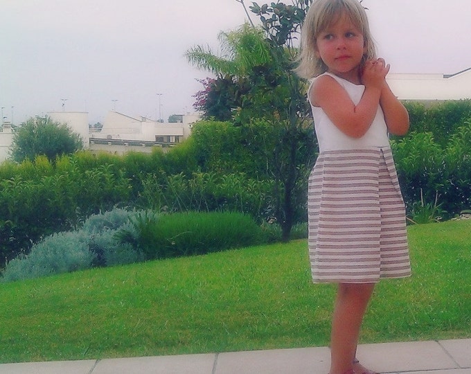 Girl Dress, Toddler Striped dress, White and brow striped Dress for little girls, Sleeveless baby dress