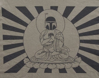 Mens Star Wars Bobba Fett Buddha- American Apparel army green T shirt- available in S, M, L, XL, 2XL- WorldWide Shipping