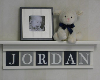 Navy and Grey Nursery Mantle Name Shelves - Personalised Baby White or Off White Shelf with Gray and Navy Blue Wall Letters
