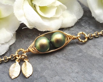 Sweet 2 Peas In A Pod Gold Bracelet 2,3 Or 4 Swarovski Pearls Choose Your Color Or Beads. Ideal Gift For Mom Gr