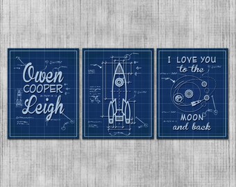 Space Nursery Wall Art, Rocket Ship Babys Room, Space Theme Kids Room, Moon Blueprints, Baby Boy, Printable Nursery Art, Rocket Blueprints