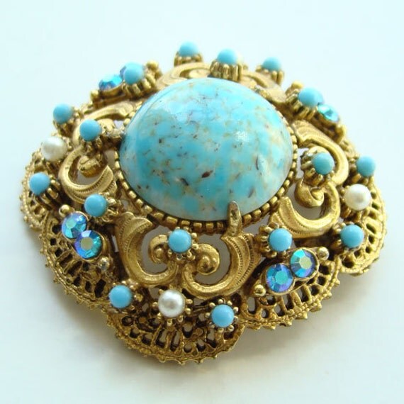 Vintage Florenza Faux Turquoise Pearl Rhinestone Pin Brooch