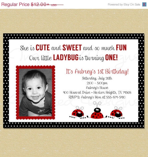 10% OFF SALE 3 Little Ladybugs Polkadot Border Birthday Invitation Il_570xn