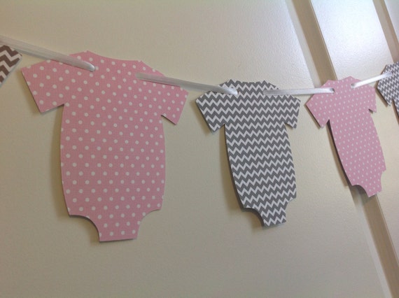 Gender Reveal pink and grey chevron Onesie banner with white polka dots Birthday Party Twins Baby shower Custom colors Il_570xn
