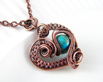 Wire Wrapped Pendant Turquoise Imperial Jasper and Copper Jewelry Wire Wrapped Jewelry Copper Necklace Free Form Jasper Necklace