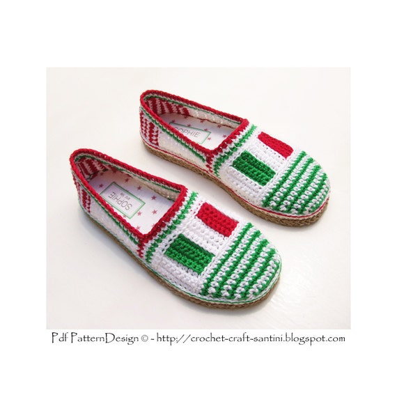 Italian Flag-Tag Espadrilles -Toms - Basic Slipper Crochet Pattern - Instant Download