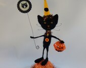 Halloween Black Kitten wool needlefelted Cat sign orange and black tinsel buttons Trick or Treat - Snickers #1