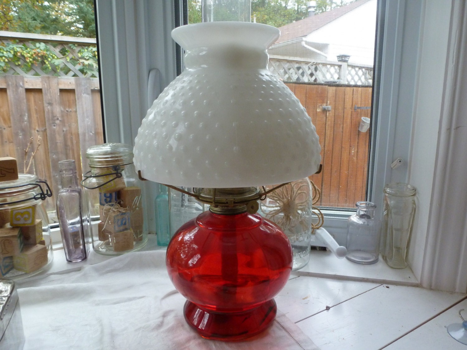 Antique Oil Lamp with Milk Glass Shade and Red Base Farmhouse
