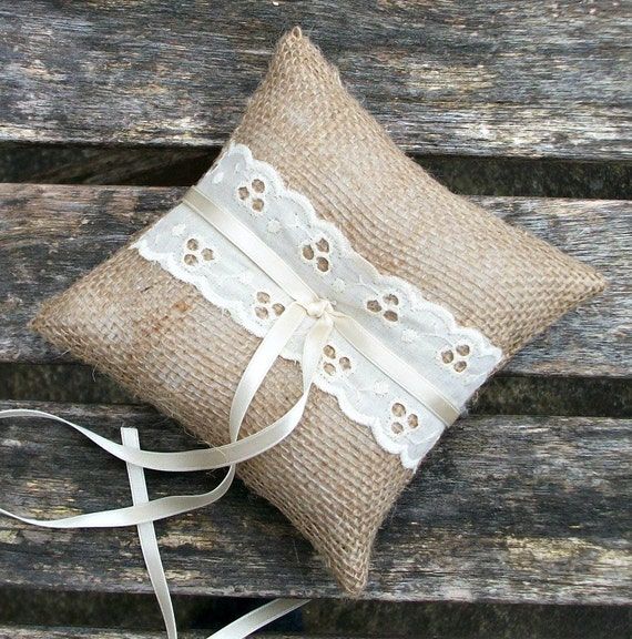 Wedding Ring Cushion Burlap Rustic Ring Pillow with Broderie