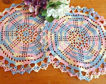 2 Crocheted Doily Doilies Variegated Pink and Blue Vintage Doilys Lot B132