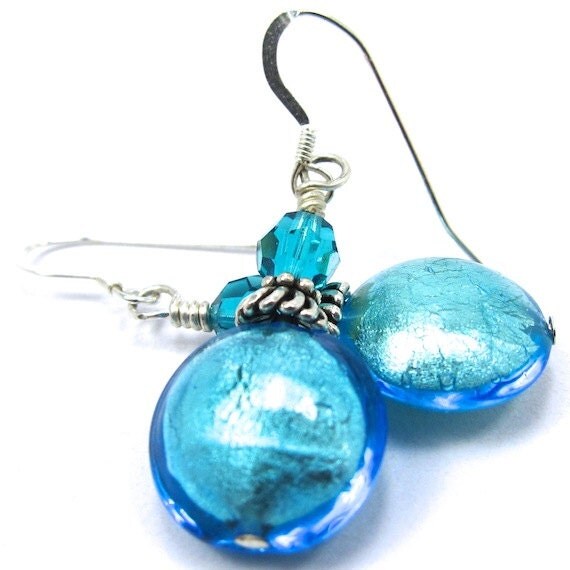 Teal Blue Venetian Glass and Swarovski Crystal Earrings, Sterling Silver Earwires