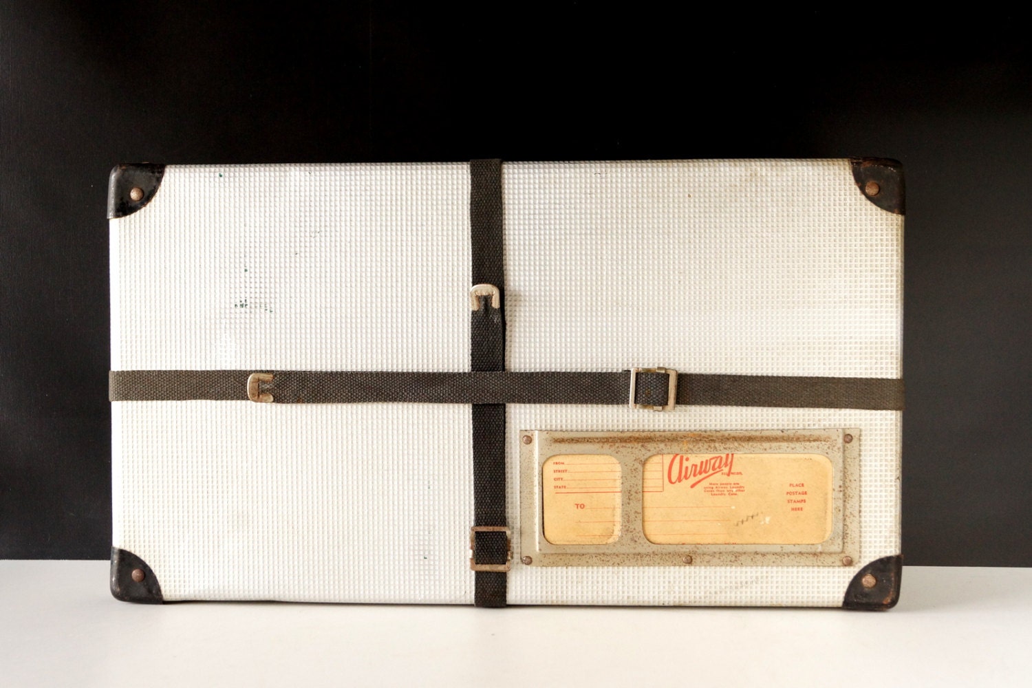 Vintage Airway Silver Metal Shipping Box with Black Canvas Straps (c