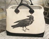 Canvas and Leather Handmade Mason Bag Tote with Raven Canvas and Leather Handmade Mason Bag Tote with Raven