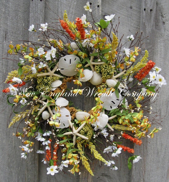Beach Wreath, Cottage Wreath, Summer Floral, Coastal, Nautical Decor, Seashell Wreath, Fall Wreath