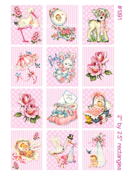 Digital Clipart, instant download, vintage baby card images, baby girl, stork, lamb, stuffed bunny, digital collage sheet, 8.5by11, 1391