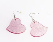 Big Pink Glitter Plastic Heart Earrings