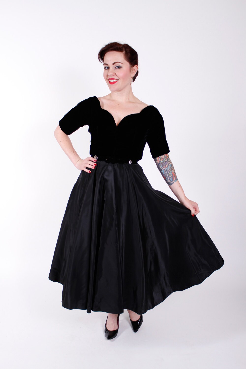 1950s Vintage Dress Black Velvet Taffeta 1950s Vintage Party 8625