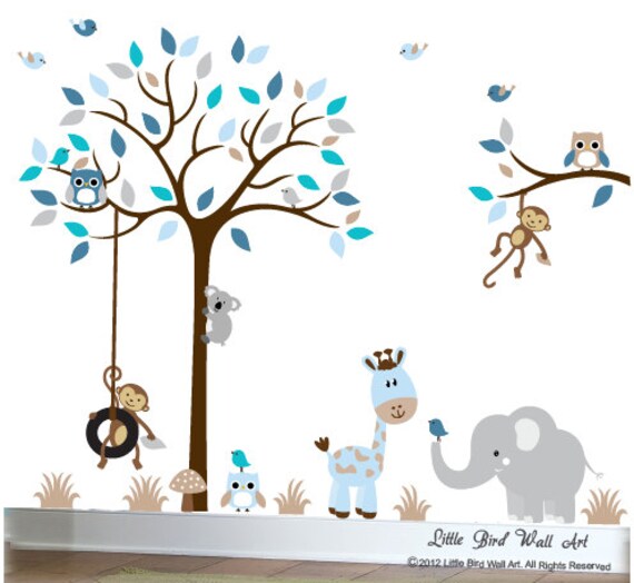 Baby wall decals nursery tree wall decal grey blue tan owl