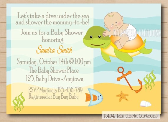 sea baby shower invitation, baby and sea turtle invite. Print at home ...