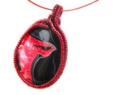 Bird of Peace - Amazing Geode Onyx Agate Cabochon with Burgundy Wire Wrapped Pendant - 1.75" x 2.75" - Cord Included