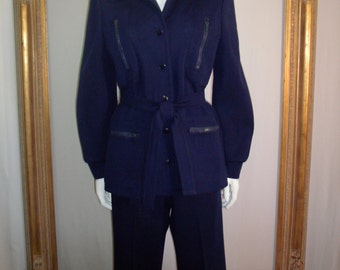 Vintage Early 1970's Butte Knit Navy Blue Wool Blend Pant Set - Size 12
