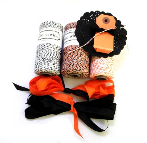 Mini Halloween treat bags kit - enough for 12- twine, black doilies, seam binding, bags, and small orange gift tags