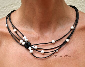 Pearl and Leather Jewelry - Black & White Reef Knot Necklace - Pearl and Leather Jewelry Collection