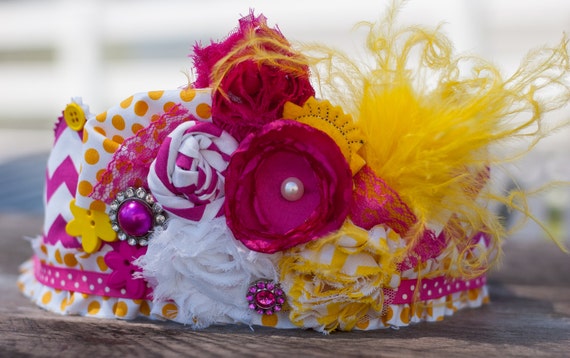 Sunshine Birthday Crown Hot Pink and Yellow- Party Hat - Photo Prop -  Couture Crown - Princess Dress Up - Birthday Hat