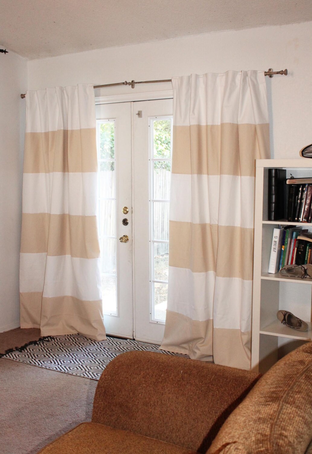 Horizontal Striped Curtain Panels Beige and White 84