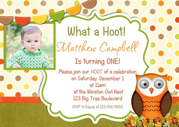 Autumn Owl Boy Birthday Invitation - Green and Orange Dots Printable and Personalized Fall Theme Invite Il_570xn