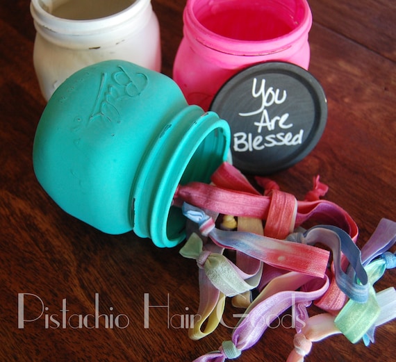 Handmade Back to School Supplies - 25 Tie Dye Hair Ties in a Chalk Painted Ball Mason Jar from Pistachio Hair