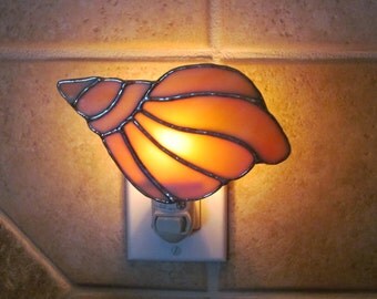 Conch Shell Night Light in a Orange and White Swirl Opalescent Glass- Handcrafted Authentic Stained Glass - Unique Gift Idea