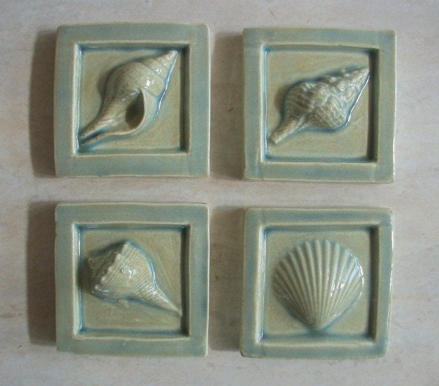 Ceramic Accent Tile 2x2 Seashell Set of 4 in Sea Spray